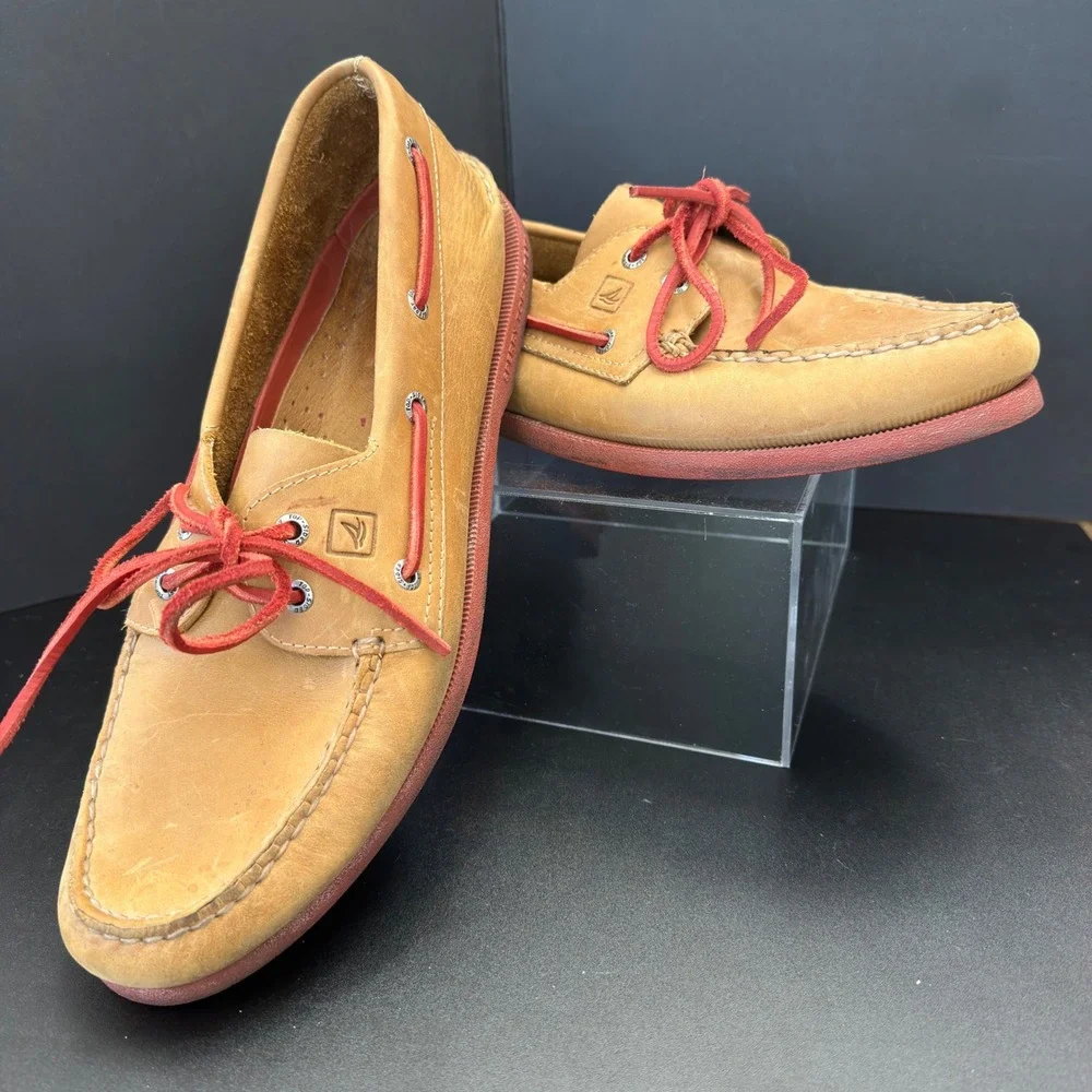 Sperry Top-Sider Mens Authentic Original Leather Boat Shoes Tan Red Sole Laces